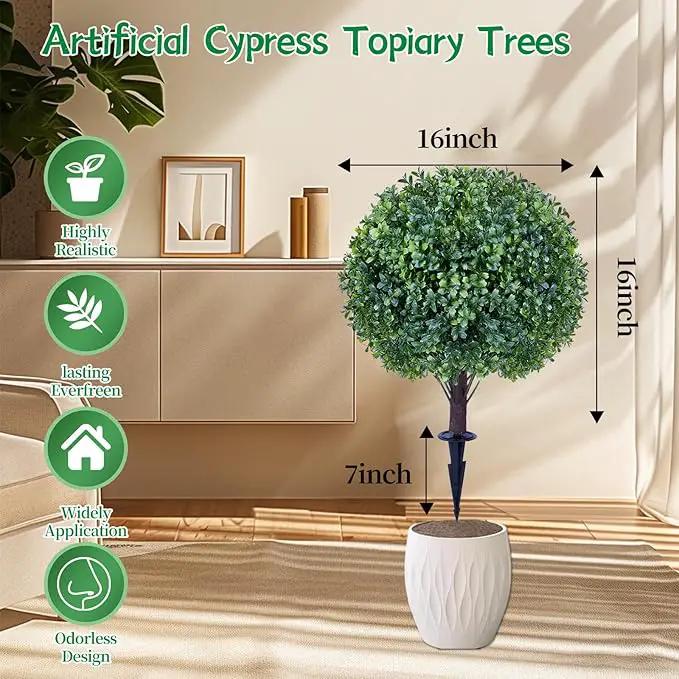 Artificial Boxwood Sphere Bushes Set of 2 Lifelike - UV Resistant Faux Shrubs with Stakes for Effortless Porch, Planter & Indoor Decor 16in FZHCZWZX by GreenHaven Gardens
