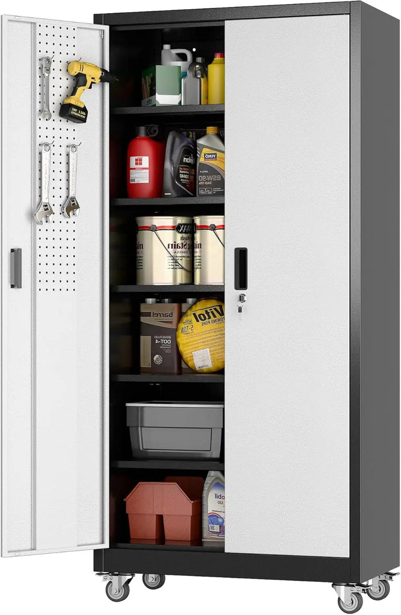 71"H×32"W×16"D Garage Storage Cabinet with Wheels & Pegboard, Locking Metal Storage Cabinet with Doors and 5 Adjustable Shelves & & 4 Hooks for Garage Warehouse Home Office, Black and Silvery by GreenHaven Gardens