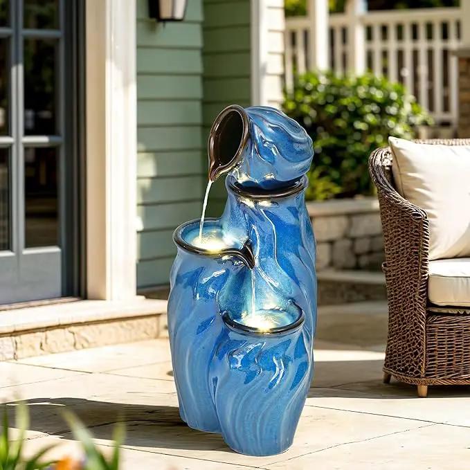 29" Tall Ceramic Outdoor Water Fountain with LED Lights, 4-Tier Cascading Jars Water Feature, Tranquil Waterfall for Relaxing Garden, Patio, Yard, or Porch, Turquoise, Dynamic Wave-Texture by GreenHaven Gardens