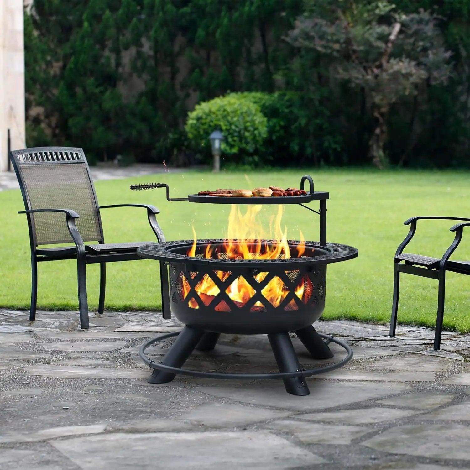 BALI OUTDOORS Fire Pit with Poker, 32 inch Outdoor Fire Pit Patio, Wood Burning Firepits for Outside with Grill by GreenHaven Gardens