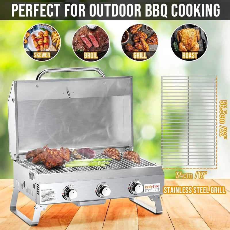 Tabletop Gas Grill 3 Burners, Stainless Steel Portable Propane Grill with Foldable Legs for Outdoor Patio Backyard Camping, Tailgating, RV Trip, Heavy Duty & 24000BTU, GS307 by GreenHaven Gardens