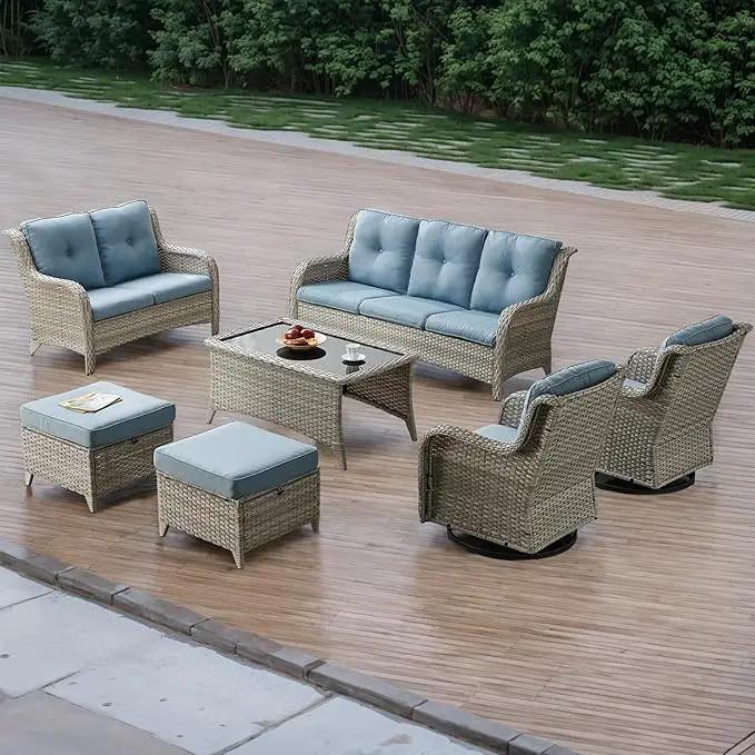 Patio Tables Wicker Coffee Table - Outdoor Rattan Coffee Tables with Glass Top for Patio Proch Deck Balcony Rectangle Light Grey by GreenHaven Gardens