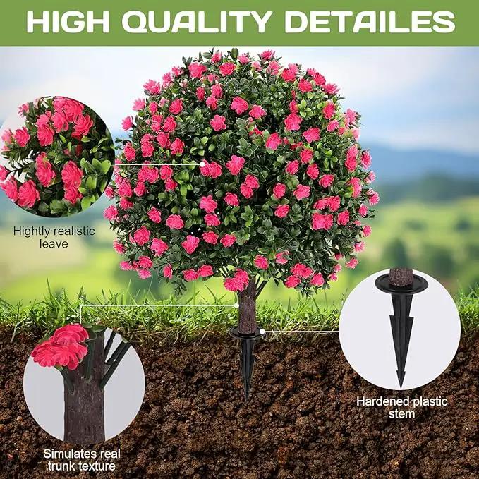 Artificial Pink camellia Topiary Ball Tree 25" with Ground Spike, Set of 2 Artificial Boxwood Bushes for Faux Shrubs, Fake Evergreen Faux Plant for Indoor Outdoor Garden -UV Resistant–Fade-Proof by GreenHaven Gardens