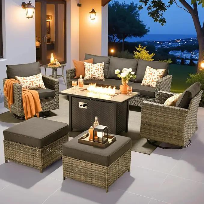 ovios 7 Pieces Patio Furniture Set with 42" Fire Pit Table, Outdoor Wicker Sofa with Swivel Chairs, All Weather High Back Rattan Couch Conversation Set, Black by GreenHaven Gardens