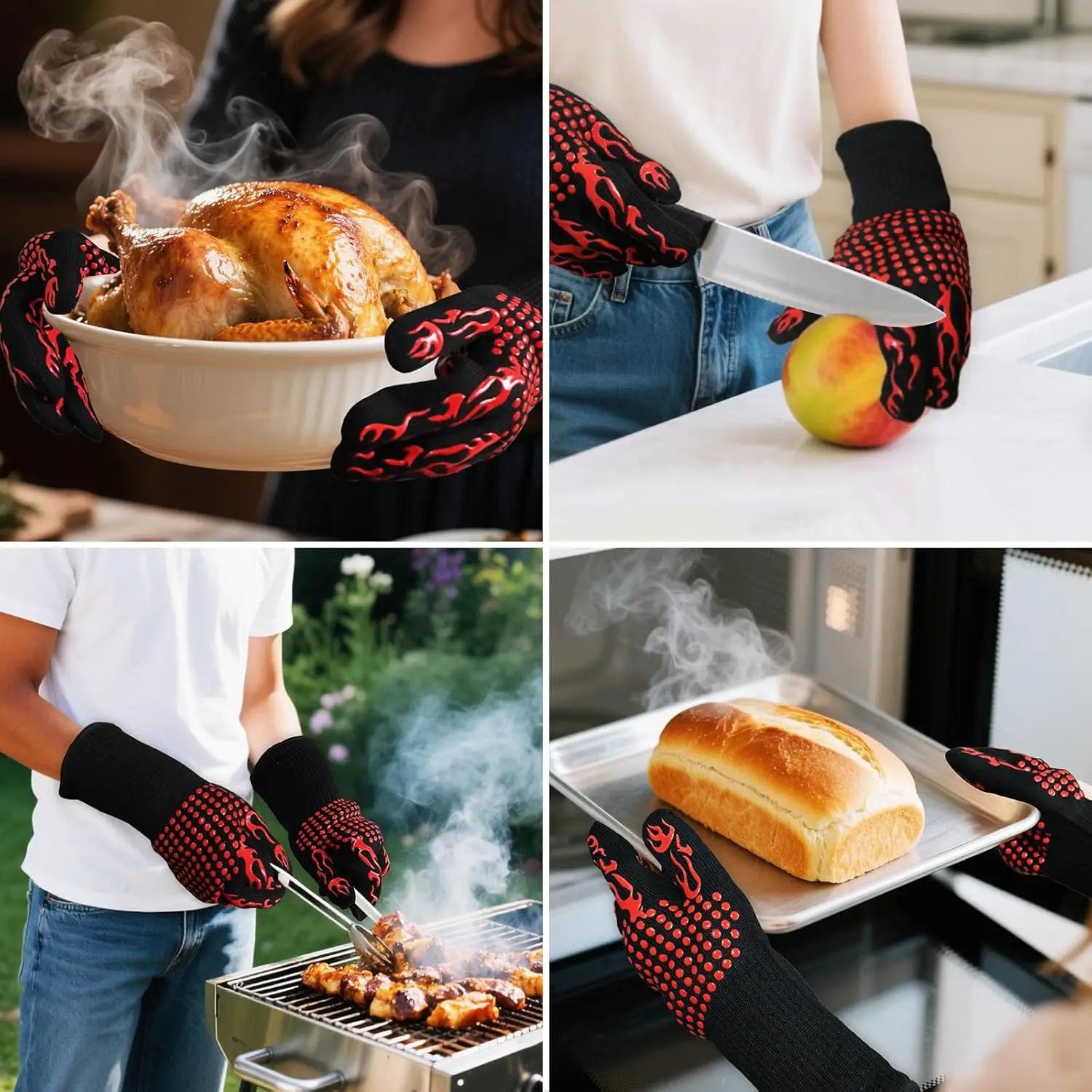 BBQ Gloves Fireproof, 1472°F/800°C F Heat Resistant Grill Cut-Resistant Mitts, Non-Slip Silicone Oven Gloves Long Kitchen Gloves for Barbecue Cooking Baking Cutting by GreenHaven Gardens