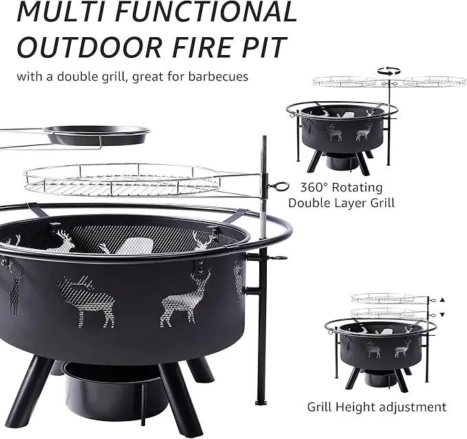 NATURAL EXPRESSIONS 32 Inch Large Fire Pit with 2 Grills, Outdoor Wood Burning Fire Pit with Cooking Grate, Lid, Poker and Round Waterproof Cover for Patio, Ourside, Bonfires, Picnic, Party. by GreenHaven Gardens