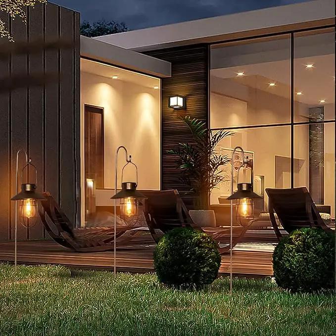 pearlstar Solar Lanterns Outdoor Metal Solar Powered Hanging Lights Waterproof for Wall Barn Yard Garden Patio Garage Balcony Porch Fence Decor, Warm White Edison Bulb (Black-2pack) by GreenHaven Gardens