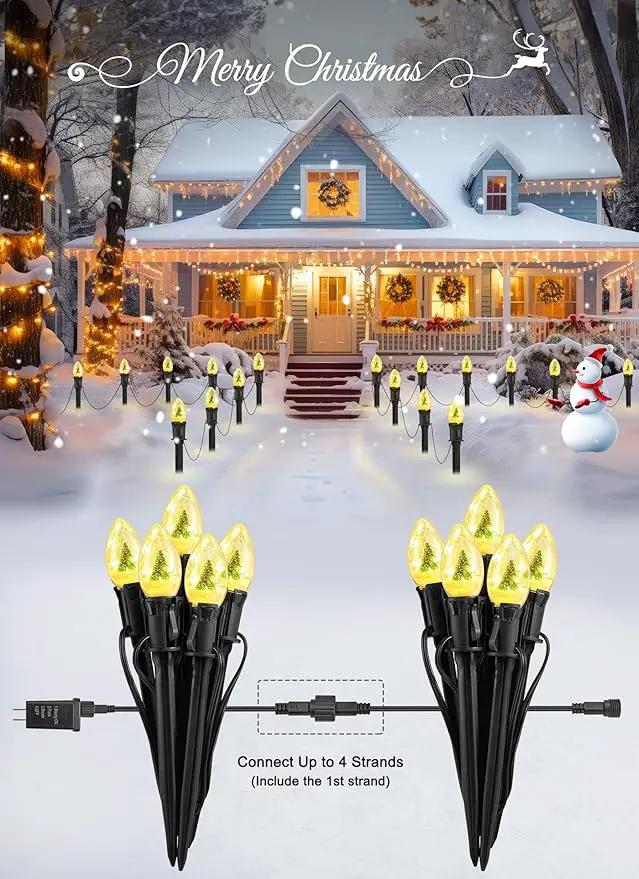 C9 Christmas Pathway Lights Outdoor, 25Ft 20 LED Christmas String Lights with Stakes, 3 Light Modes, Waterproof Connectable Christmas Decorations for Outside Lawn Yard Sidewalk Driveway, Warm White by GreenHaven Gardens