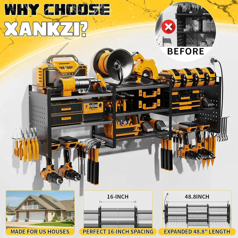 Power Tool Organizer with Charging Station Wall Mount, 3 Layer Expanded Heavy Duty Garage Organization, 48.8 Inch Length Garage Tool Storage, 4 Drill Slot, 16" Standard Hole, Black by GreenHaven Gardens