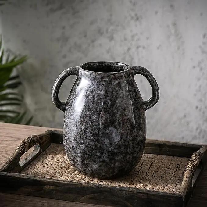 Ceramic Modern Farmhouse Vase with 2 Handles, Black Ceramic Vases for Home Decor, Rustic Pottery Vase, Decorative Terracotta Flower Vase, Boho Clay Vase for Table Living Room Shelf Mantel Decor by GreenHaven Gardens