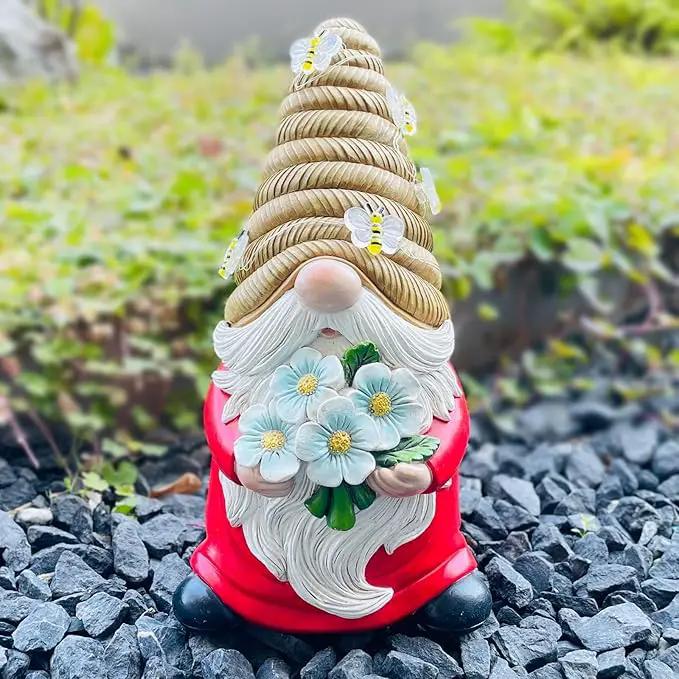 Outdoor Garden Gnomes Statue, Bee Flower Gnome Sculpture, with Solar LED Lights for Yard, Patio, Lawn Ornaments for Garden, Patio Gnome Gifts for Mom by GreenHaven Gardens