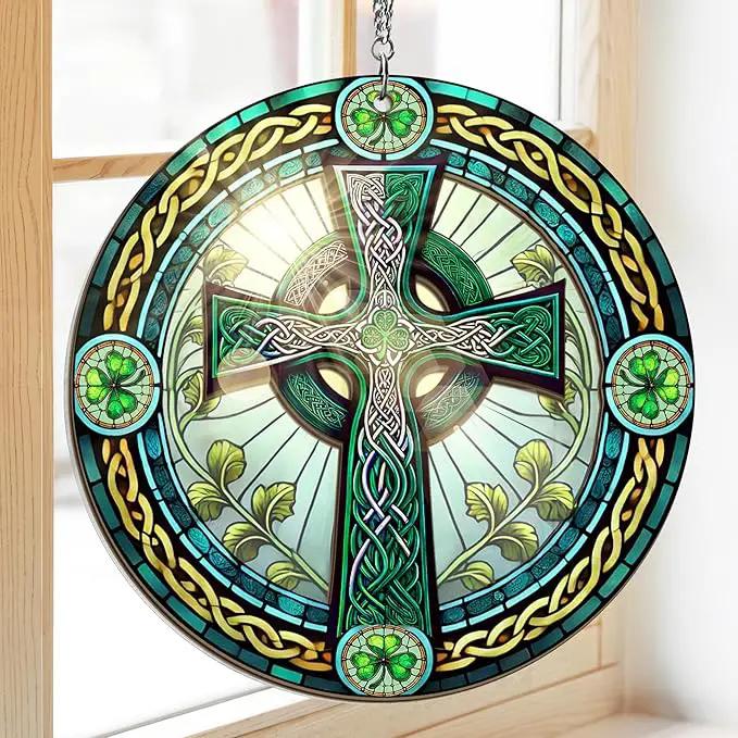 St Patricks Day Decorations - Irish Gifts for Men Women Friends Family, St Patricks Day Accessories, Celtic Cross Home Decor - Double Layered Hanging Suncatcher 8 in by GreenHaven Gardens