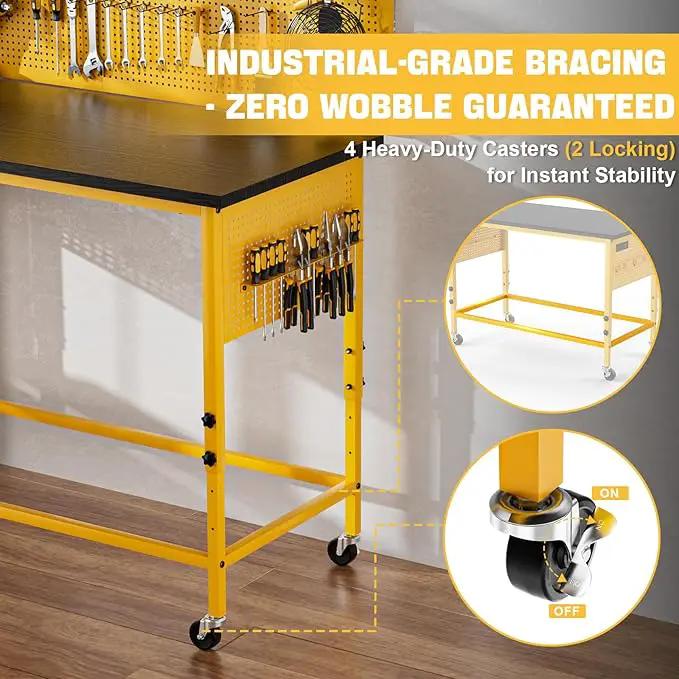 47" Heavy Duty Adjustable Workbench with Power Outlets, Pegboard & Locking Wheels - 2100LB Capacity Garage Work Table, Compatible with DeWalt Battery, Reinforced Steel Frame for Workshop & Home Use by GreenHaven Gardens