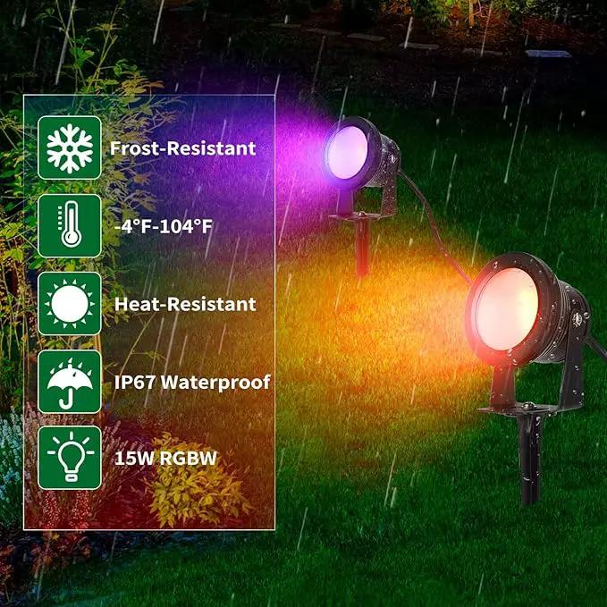 Spot Lights Outdoor, RGB Landscape Lighting 4XPack 15W IP67 Waterproof Spotlight Outdoor with Smart APP Control for Pathway Lights,LED Indoor Light(DC/AC 12V) by GreenHaven Gardens