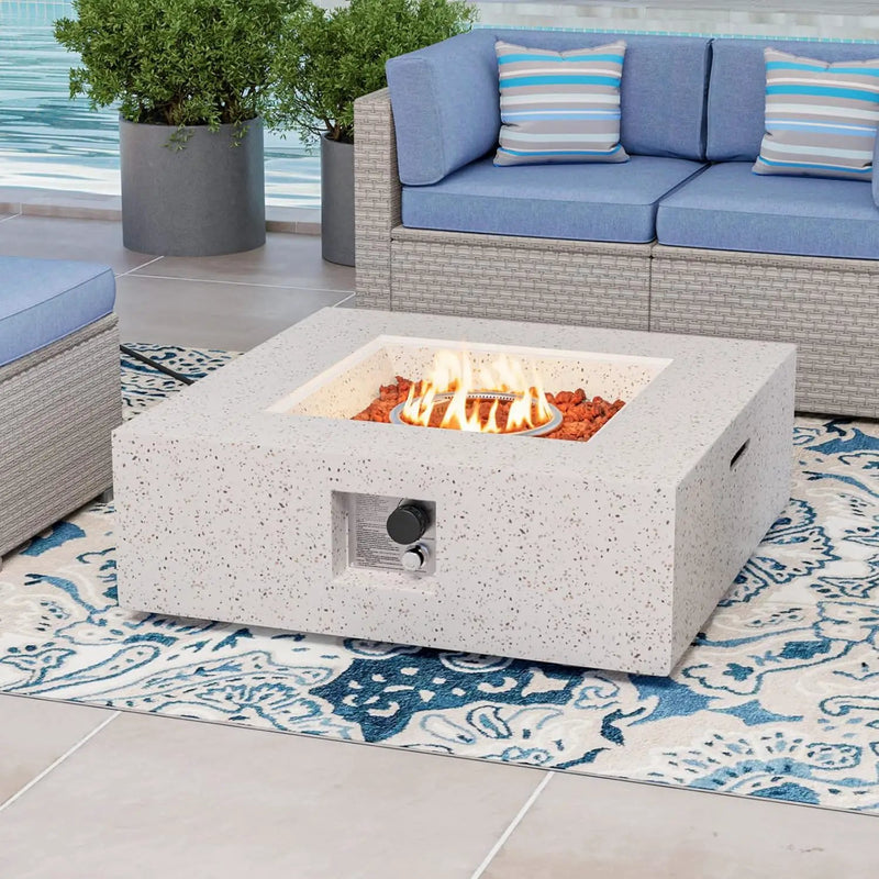 COSIEST Outdoor Propane Fire Pit Coffee Table w Square Faux Stone 35-inch Base, 50,000 BTU Stainless Steel Burner, Free Lava Rocks and Rain Cover by GreenHaven Gardens