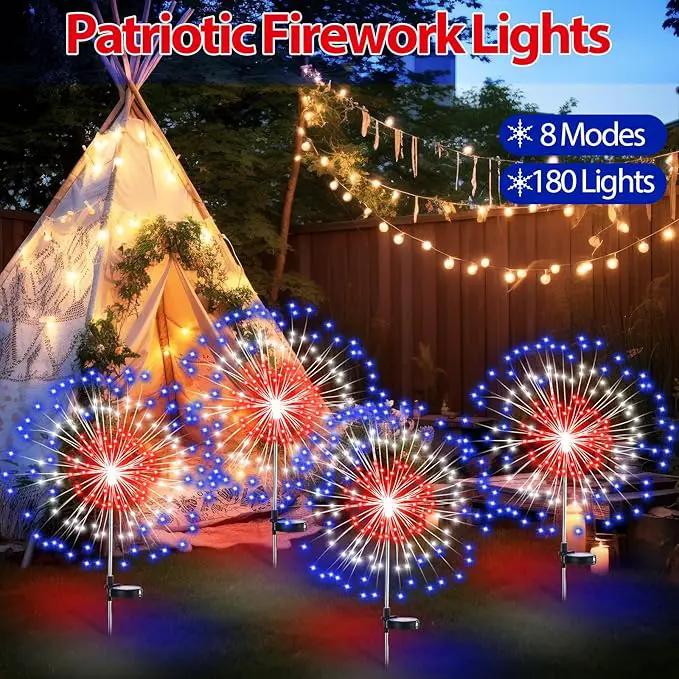 4th of July Decorations Outdoor 4 Pack Solar Power Yard Firework Lights Patriotic Garden Waterproof Solar Lights with 180 LED 8 Modes for Independence Day Party Decoration(Red, White, Blue) by GreenHaven Gardens
