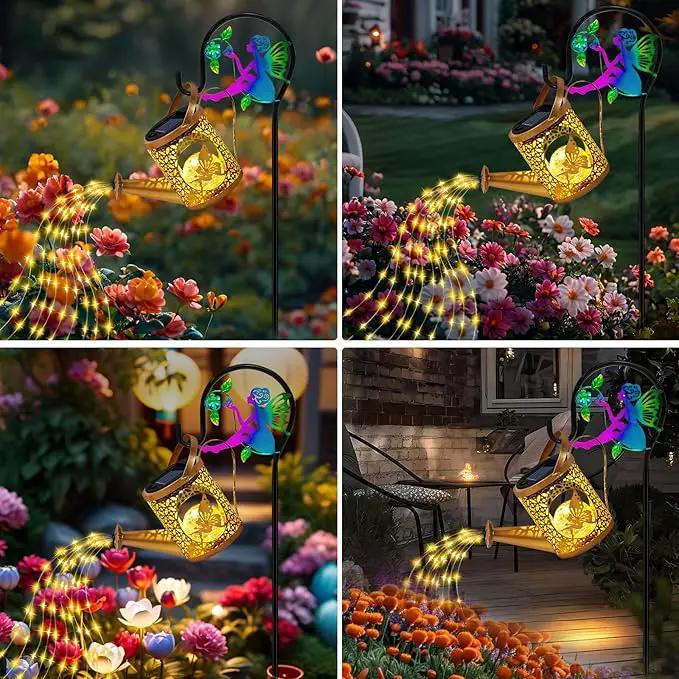 Solar Lights Garden Decorative, Solar Watering Can with Cascading Lights, Waterproof Metal Lantern with Fairy Shepherd Hook, Outdoor Decor for Yard, Patio, Lawn, and Pathway by GreenHaven Gardens