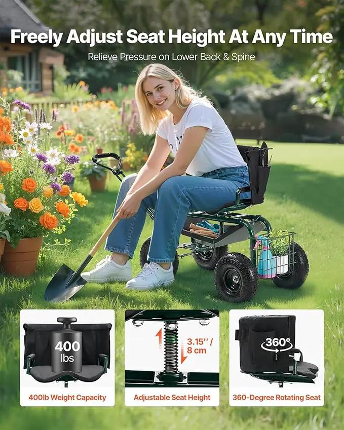 VEVOR Rolling Garden Seat with Wheels, Gardening Stool with Height Adjustable & 360°Swivel Seat, Ergonomic Backrest & Tool Storage, 400lbs Weight Capacity, Garden Scooter Wagon Cart for Yard, Patio by GreenHaven Gardens