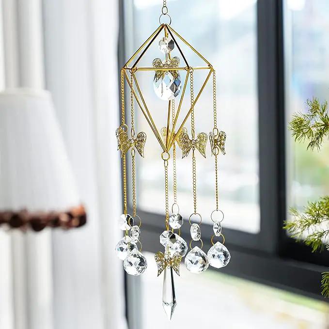 Sun Catchers with Crystals Indoor Window, Handmade Gold Plated Angel Suncatcher, Wind Chime Rainbow Maker Pendant by GreenHaven Gardens