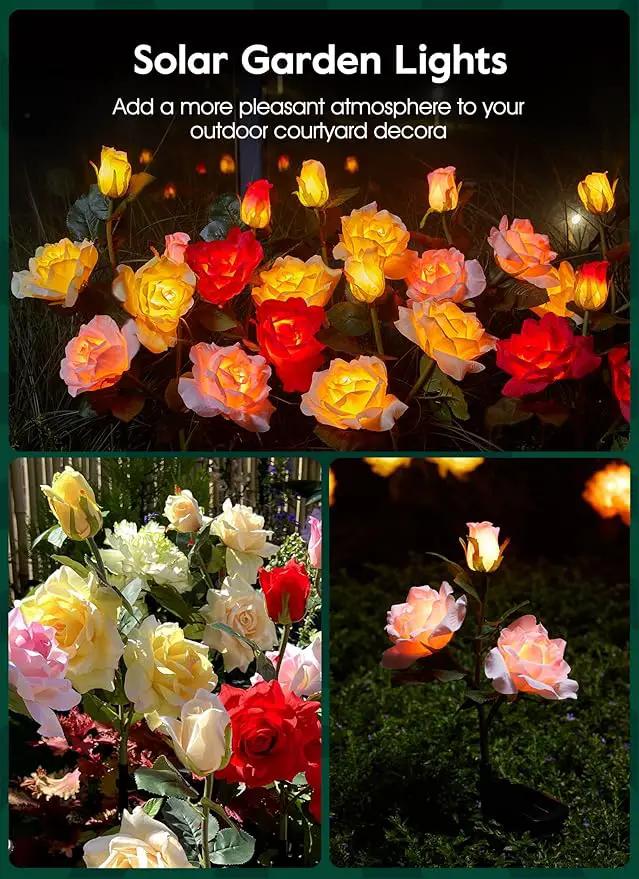 Garden 4 Pack LED Solar Flower Lights with Larger & More Realistic Rose Flowers, Bigger Solar Panel, Waterproof Solar Outdoor Lights for Yard Patio Lawn Pathway Walkway Decoration by GreenHaven Gardens