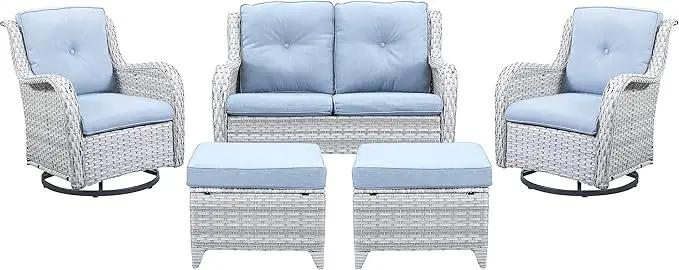 5 Piece Outdoor Patio Furniture Set - Patio Wicker Furniture Conversation Set, Outdoor Swivel Rocker Chairs with Loveseat Sofa and 2 Ottomans for Small Space, Light Gray - Baby Blue Cushion by GreenHaven Gardens