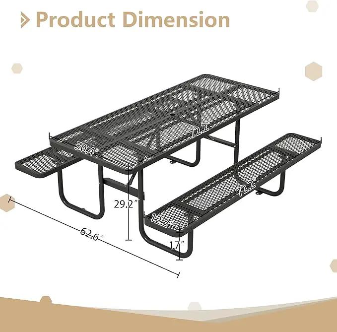 72'' Steel Rectangular Picnic Table for Outdoors, Expanded, Lifetime Picnic Table with Umbrella Hole, Heavy Duty Sturdy Commercial Picnic Tables for Garden Courtyard BBQ, Black by GreenHaven Gardens