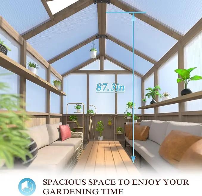 8x14 FT Outdoor Greenhouse Kit, 6MM Thick Polycarbonate Panel Wooden Walk-in Green House with Adjustable Roof Vents & Roof Vents, Backyard Garden, Light Mocha Brown by GreenHaven Gardens