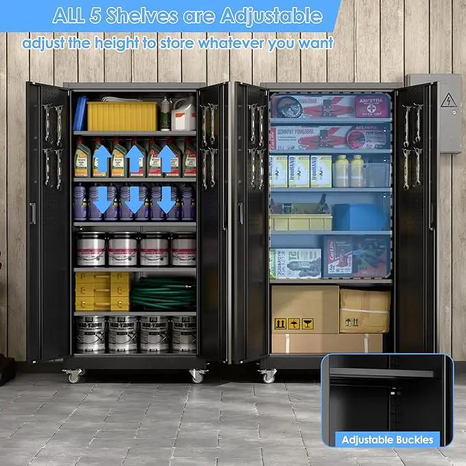 Garage Storage Cabinet with Wheels & Pegboard, 71" H×34" W×18" D Locking Metal Storage Cabinet with 2 Doors and 5 Adjustable Shelves for Garage Workshop Home, Black, Assembly Required by GreenHaven Gardens