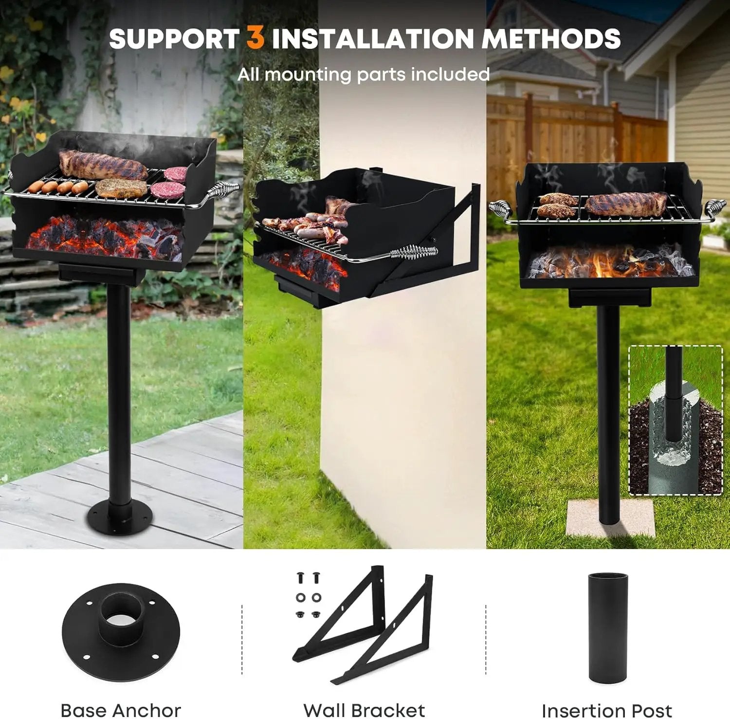 Stanbroil Charcoal Barbecue Grill for Outdoor, Heavy Duty Steel Park BBQ Grill with Stainless Steel Cooking Grate and Above/In Ground Post for Camping and Backyard by GreenHaven Gardens