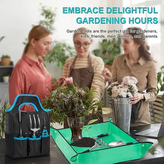 Garden Tool Set with Non Slip Rubber Grip,11 Piece Stainless Steel Gardening Tool Sets,Thickened Repotting Mat & Storage Tote Bag,Heavy Duty Outdoor Hand Tools Uprooting Weeding Tool, Ideal Gifts Blue by GreenHaven Gardens
