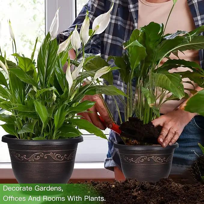 Plastic-Plant-Flower-Planters-12 Inch with Drainage Hole & Saucer, 3 Packs Lightweight Small Resin Flower Pot Indoor Outdoor, Retro Antique Imitation Decorative Garden Containers Sets for Houseplants by GreenHaven Gardens