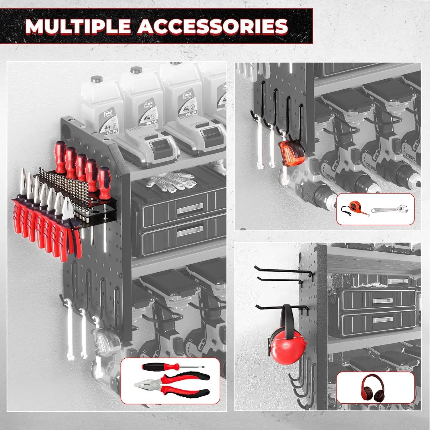 KAFAHOM Power Tool Organizer with Charging Station, Built in 8 Outlet Power Strip, Large 8 Drill Holder Wall Mount, Heavy Duty Metal Power Tool Storage Rack Tool Shelf for Garage Organization Red by GreenHaven Gardens