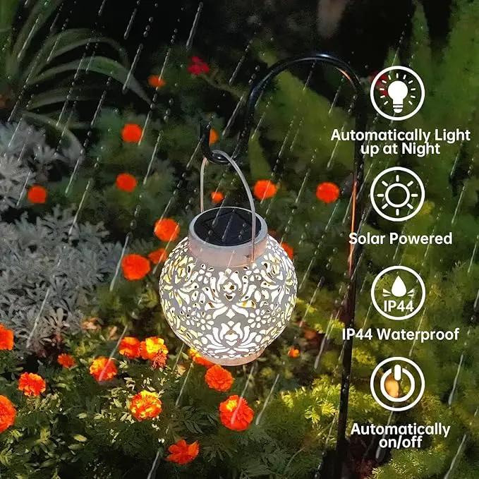 Set of 2 Outdoor Solar Hanging Lantern Lights Metal LED Decorative Lamp for Garden Patio Courtyard Lawn and Table with Hollowed-Out Design (White) by GreenHaven Gardens