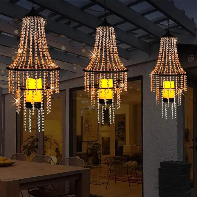 Hanging Candle Chandelier Outdoor, Battery Operated Clear Acrylic Beaded Chandelier with Flickering Led Candle Light S Hooks Modern Lantern for Garden Yard Patio Gazebo Room Indoor Decorations, 28”H by GreenHaven Gardens