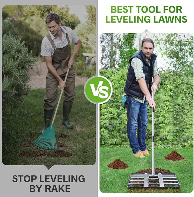 Lawn Leveling Rake, Lawn Leveler with Stainless Steel Long Handle, Heavy Duty Yard Level Tool for Leveling Soil, Sand Or Dirt Surfaces, Gardening Gloves Gift Included (17x10in) by GreenHaven Gardens