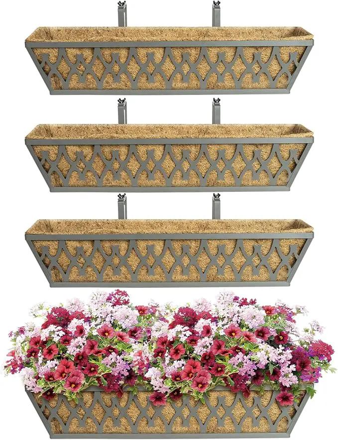 4 Pack 24 Inch Window Boxes Planters Railing Planter Box with Adjustable Brackets for Porch Fence Patio Balcony Hanging Flower Baskets with Coco Liners for Outdoor Garden Decor - Grey by GreenHaven Gardens