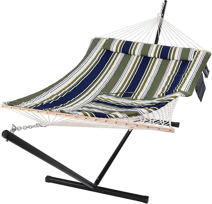 SUNCREAT Hammocks Double Outdoor Hammock with Stand, Cotton Rope Two Person Hammock with Polyester Pad & Large Pillow, Blue& Gray by GreenHaven Gardens