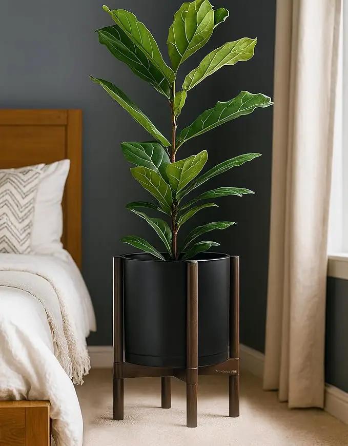 D'vine Dev Planter Pot with Stand - 12 Inch Plastic Cylinder Flower Pot with Wood Planter Holder for Indoor, Matte Black Pot + Walnut Color Stand, 55-C-O-2 by GreenHaven Gardens