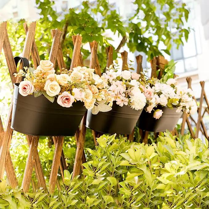 5 Pack Metal Hanging Flower Pots for Railing Fence，Outdoor Balcony Rail Planter with Garden Tools Detachable Hooks Drainage Holes for Deck Garden Home Decor Black by GreenHaven Gardens