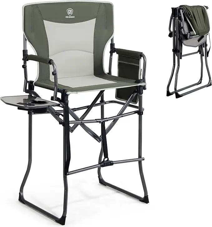 EVER ADVANCED Portable 30.7" Seat Height Tall Folding Camping Chair Directors Chair High Foldable Bar Stool with Side Table for Makeup Artist, Sports Event, Craft Show, Supports 350LBS Green Grey by GreenHaven Gardens