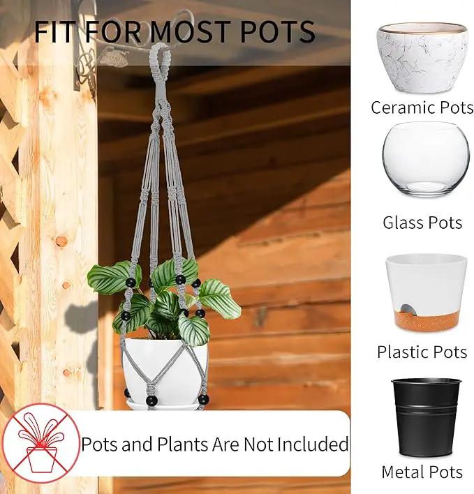 3 Pack Macrame Plant Hanger - 43"/35"/29" Different Sizes, Hanging Planter Basket Flower Pot Holder for Indoor Outdoor, with Wood Beads, Boho Home Decor, Gray (POTS NOT Included) by GreenHaven Gardens