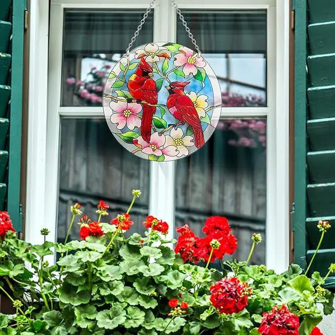 Cardinal Suncatcher Stained Glass, Cardinal Gifts for Women, Stained Glass Window Hanging - Red Birds Suncatchers for Windows, American Glass Hanging, Hand Painted Glass for Birds Lover (6inch) by GreenHaven Gardens