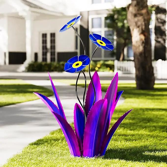 Upgraded Large Metal Yard Art, Agave Plant Yard Decorations Outdoor Sculpture, Flowers for Outside, Waterproof Outdoor Garden Decor (Purple + Blue Flower) by GreenHaven Gardens