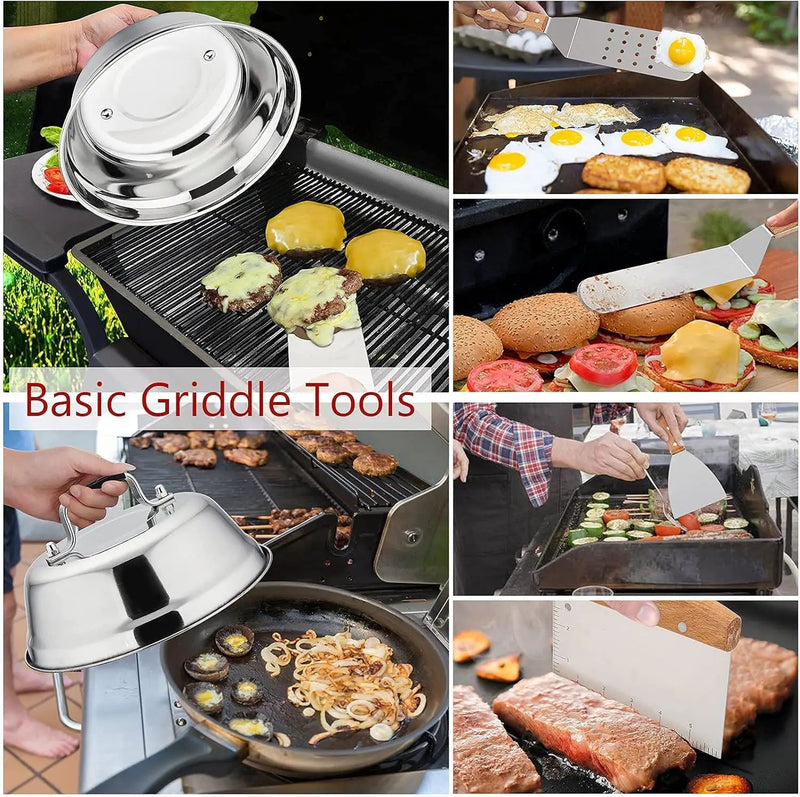 HaSteeL Griddle Accessories Set of 20, Complete Stainless Steel Griddle Spatula Tools with 9” Melting Dome, Heavy Duty Metal Spatulas Choppers Cast Iron Grill Press for Flat Top Teppanyaki BBQ Outdoor by GreenHaven Gardens