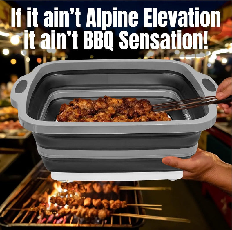 Collapsible X-Large (16L) BBQ Marinating Tub w/Cutting Board | Multipurpose Food-Grade TPE Prep Tub w/Lid | Built-in Colander & Drain Plug - for Camping | Tailgate | Picnic - Bold Orange by GreenHaven Gardens