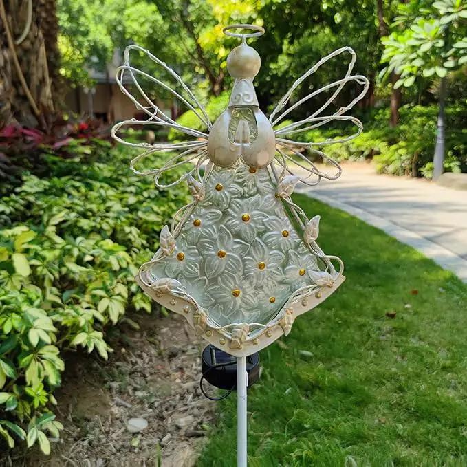 38Inch Angel Solar Lights Outdoor Decorative-Metal&Glass Angel Hydrangea Flower Garden Stake Lawn Light- Waterproof 30 Warm White LED for Remembrance Gifts & Sympathy Gifts(White) by GreenHaven Gardens