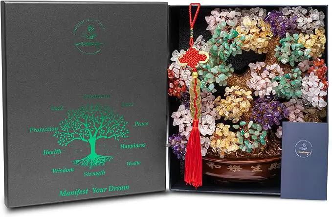 Natural Aventurine (1,251 Gemstone Count) Chakra Crystal Tree with Healing Properties - Home & Office Bonsai Feng Shui Money Tree Decoration for Luck, Success and Intelligence - 14" by GreenHaven Gardens