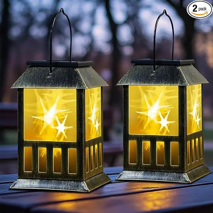 Solar Lanterns Outdoor Waterproof, 3D Star Light with Flashing Mode, Solar & USB C Charging, Metal Hanging Lantern for Wall Landscape Yard Patio Driveway Garden Decor, Warm Light 2 Pack by GreenHaven Gardens