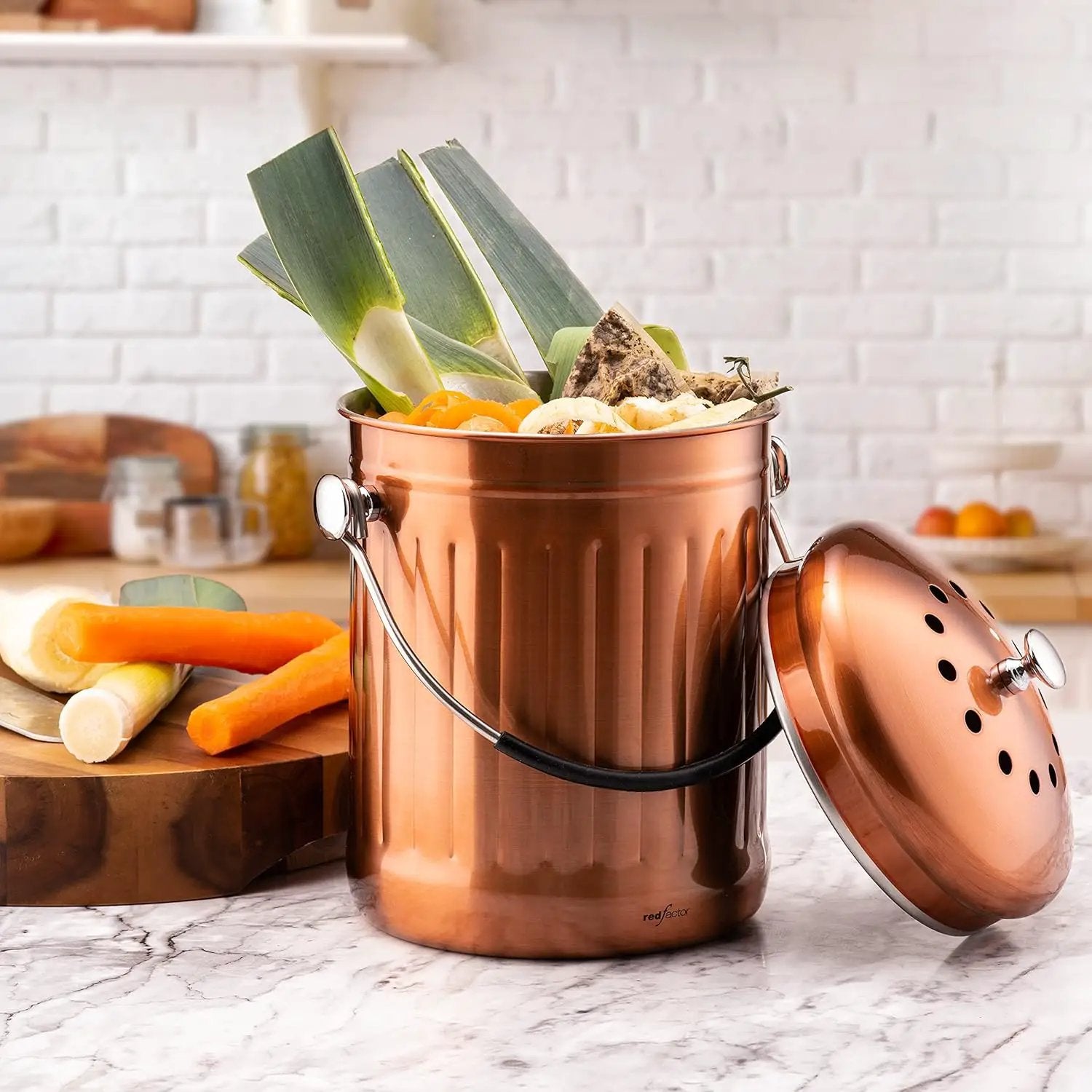 RED FACTOR Premium Compost Bin for Kitchen Countertop - Stainless Steel Food Waste Bucket with Innovative Dual Filter Technology - Includes Spare Filters (Matt Copper, 1.3 Gallon) by GreenHaven Gardens