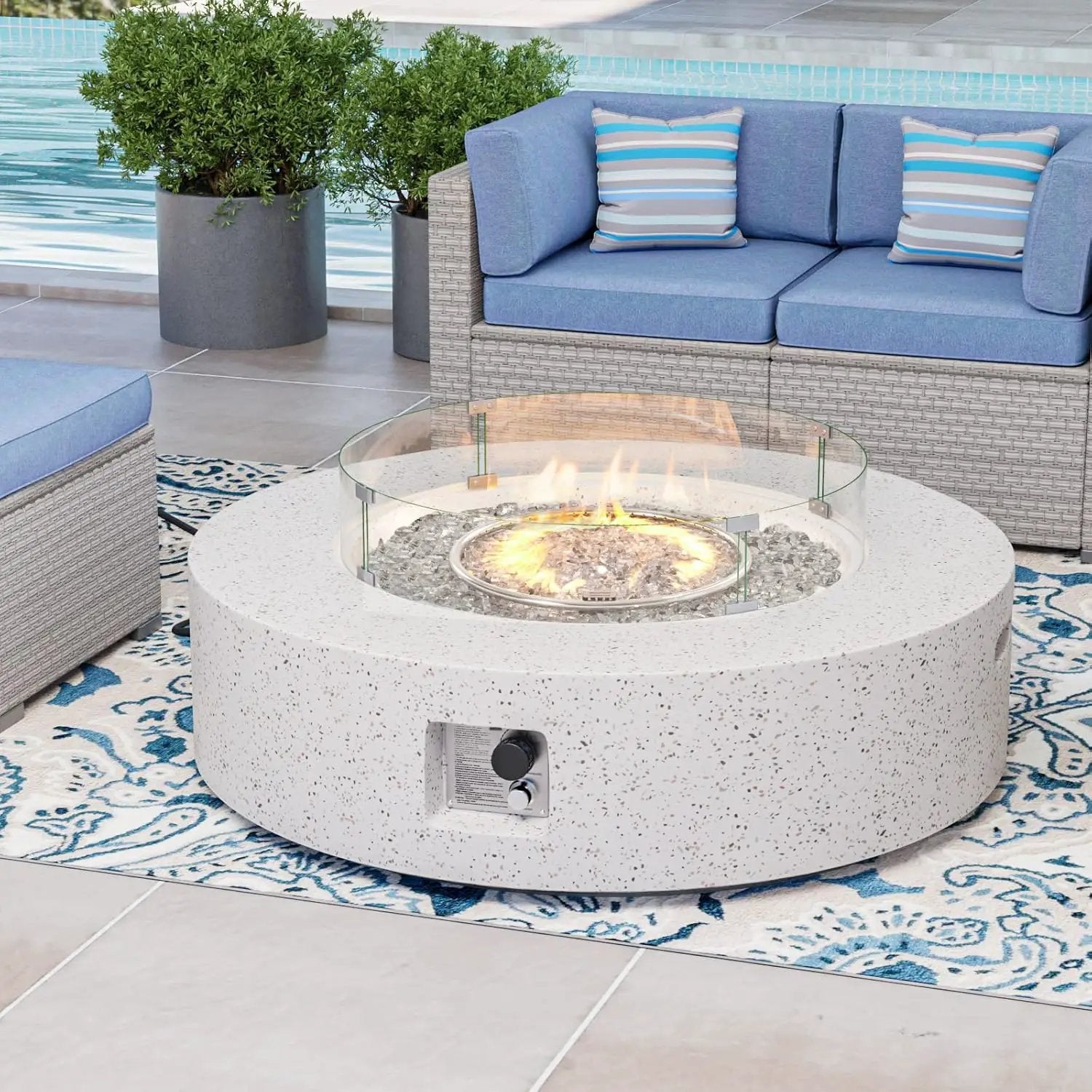 COSIEST Outdoor Propane Fire Pit Coffee Table w Terrazzo White 42 inch Round Base Patio Heater, CSA Certified, 50,000 BTU Stainless Steel Burner, Wind Guard, Transparent Gray Fire Glass, Rain Cover by GreenHaven Gardens